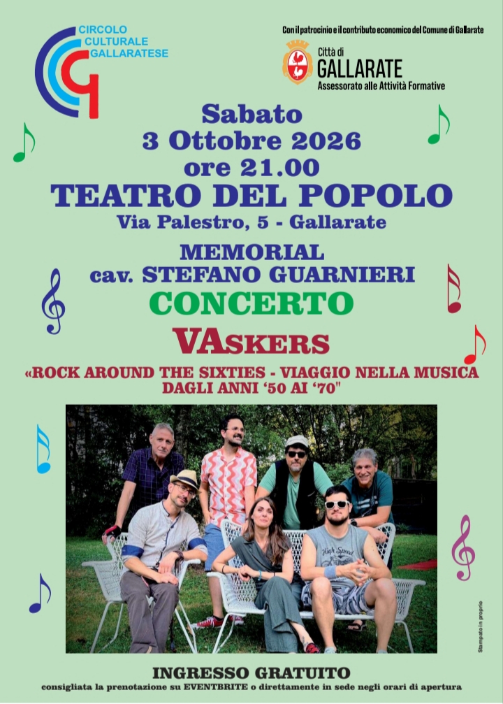 Manifesto del concerto 'Rock Around the Sixties' dei VAskers, in programma il 3 ottobre 2026 al Teatro del Popolo di Gallarate, dedicato al memoriale di Stefano Guarnieri.