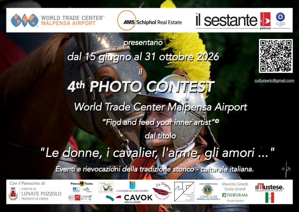 Volantino del 4° concorso fotografico del World Trade Center Malpensa Airport, con immagini storiche e culturali in evidenza.