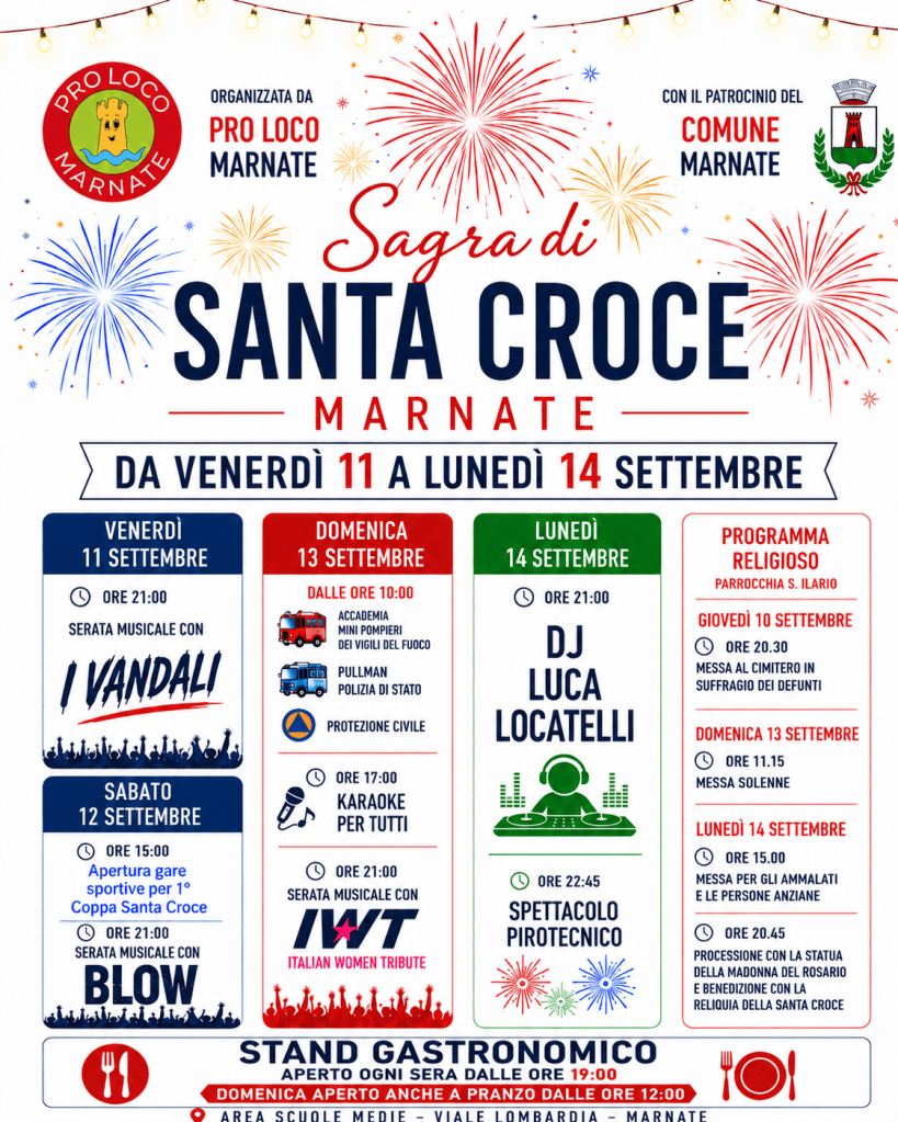Manifesto della Sagra di Santa Croce a Marnate, dal 11 al 14 settembre, con eventi musicali e programma religioso. Include dettagli su serate musicali, karaoke e spettacoli pirotecnici.