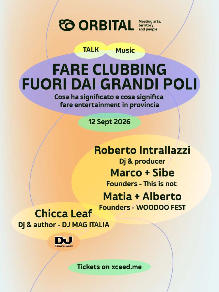 Manifesto dell'evento 'Fare Clubbing Fuori dai Grandi Poli' che si terrà il 12 settembre 2026, presentando DJ e produttori come Roberto Intrallazzi e Chicca Leaf.