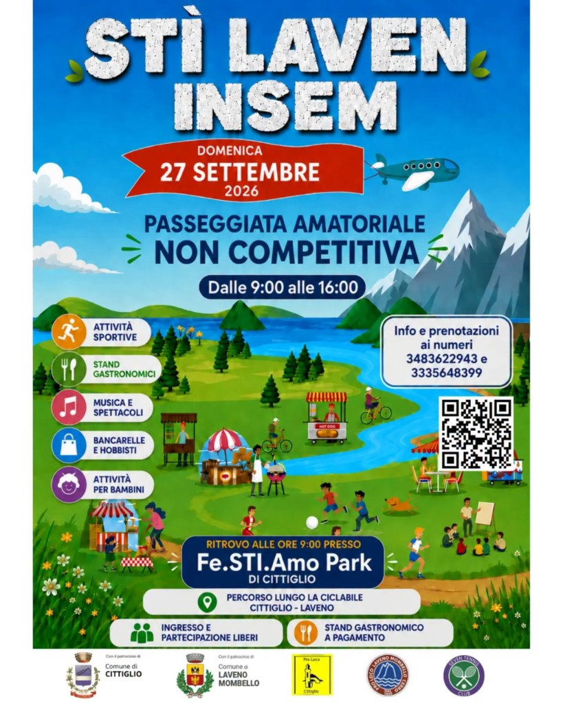 Manifesto dell'evento 'Stì Laven Insem' del 27 settembre 2026, che promuove una passeggiata amatoriale non competitiva dalle 9:00 alle 16:00. Presenta attività sportive, stand gastronomici, musica, spettacoli, bancarelle e attività per bambini.