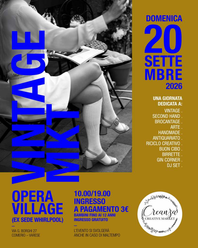 Locandina per un mercato vintage con data e dettagli dell'evento, raffigurante una donna in un ambiente estivo.