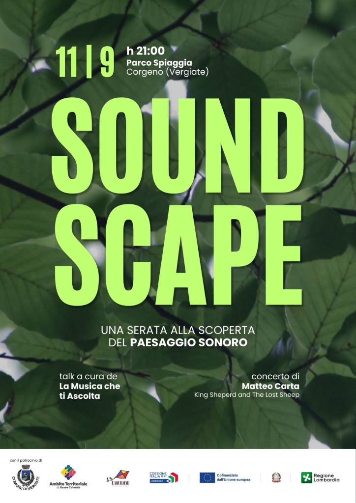 Manifesto dell'evento "Soundscape" a Corgeno, con dettagli sulla data, ora e programma, su uno sfondo di foglie verdi.