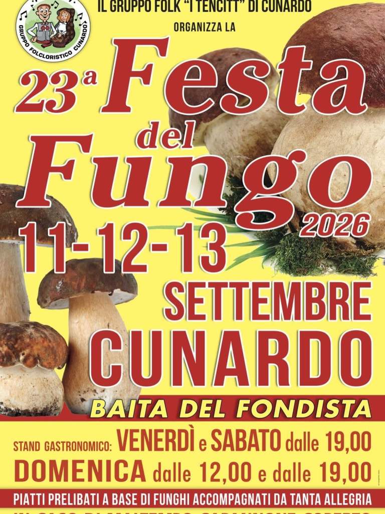 Manifesto della 23a Festa del Fungo a Cunardo, con date 11-12-13 settembre 2026, evidenziando eventi gastronomici e piatti a base di funghi.