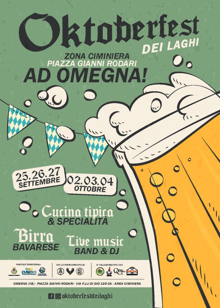 Locandina dell'Oktoberfest dei Laghi che si terrà a Omegna, con dettagli sugli eventi, date e attività come cucina tipica, birra bavarese e musica dal vivo.
