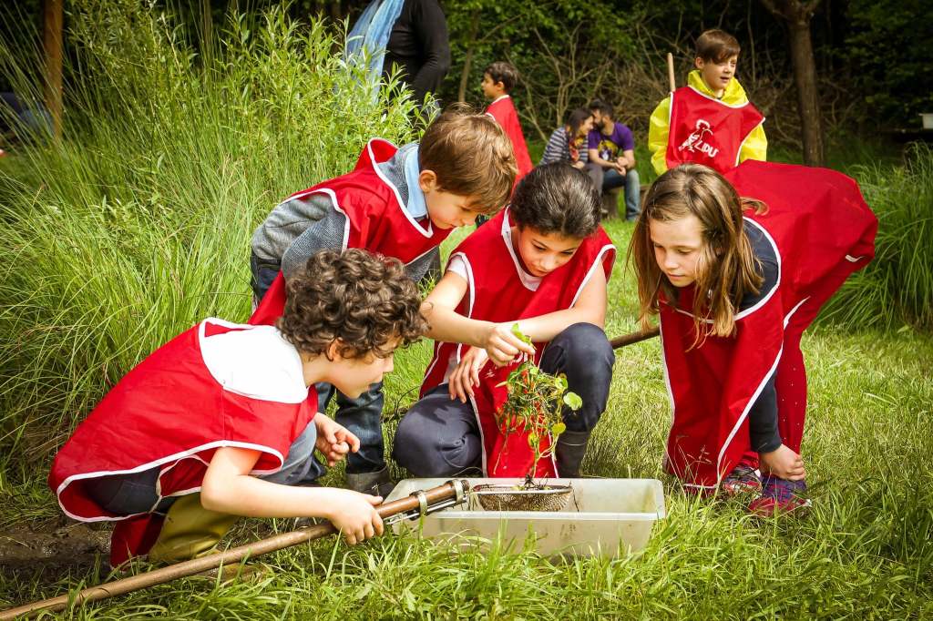 Bambini che piantano piante in un giardino, indossando le pettorine rosse e curando il terreno.