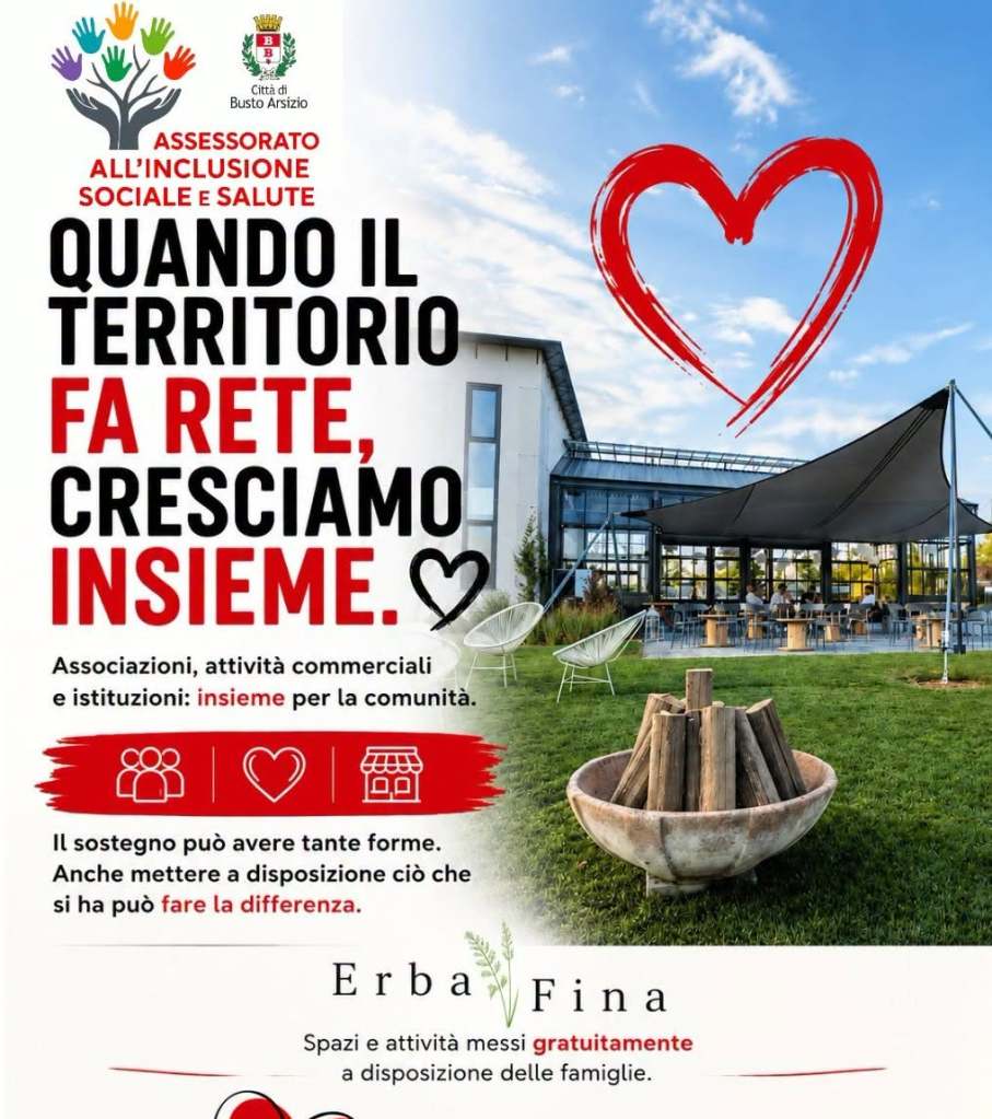 Manifesto sulla crescita comunitaria con il messaggio 'Quando il territorio fa rete, cresciamo insieme', accompagnato da immagini di spazi e attività destinate alle famiglie.
