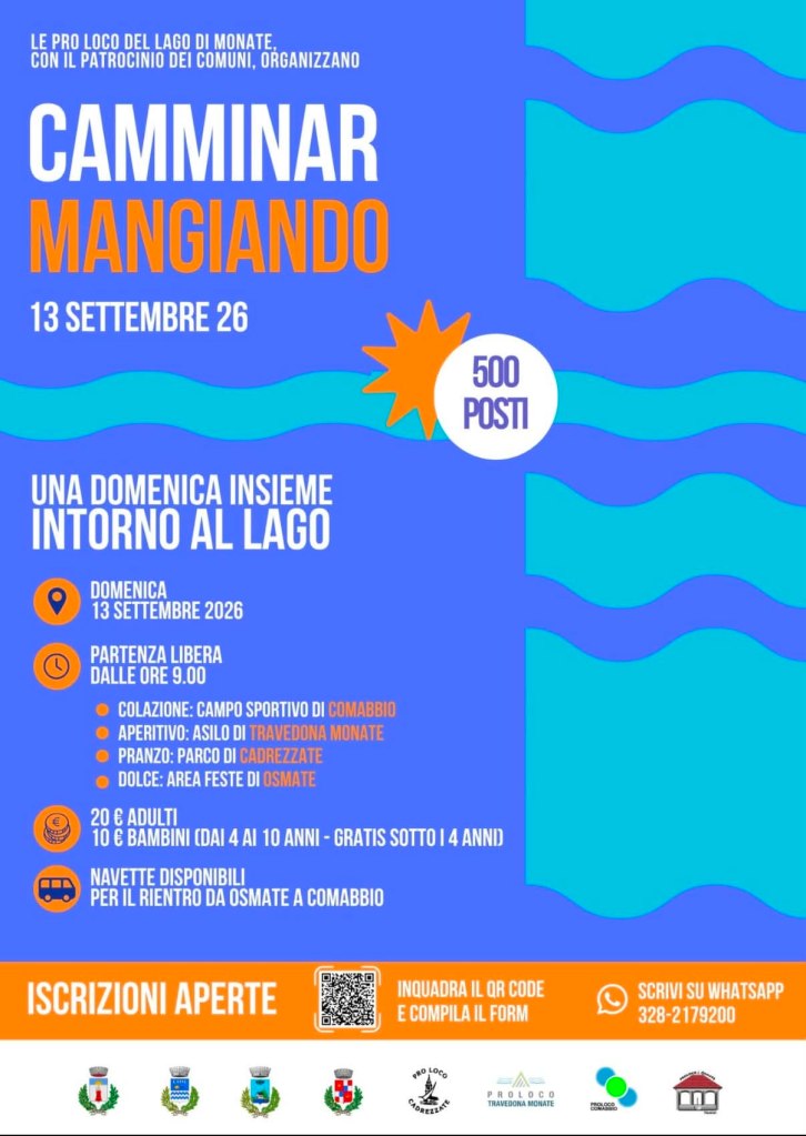 Locandina dell'evento 'Camminar Mangiano' che si svolgerà il 13 settembre 2026 attorno al Lago di Monate. Include informazioni su iscrizioni, orari, costi e attività, con dettagli su colazione, aperitivo e pranzo in diverse località.