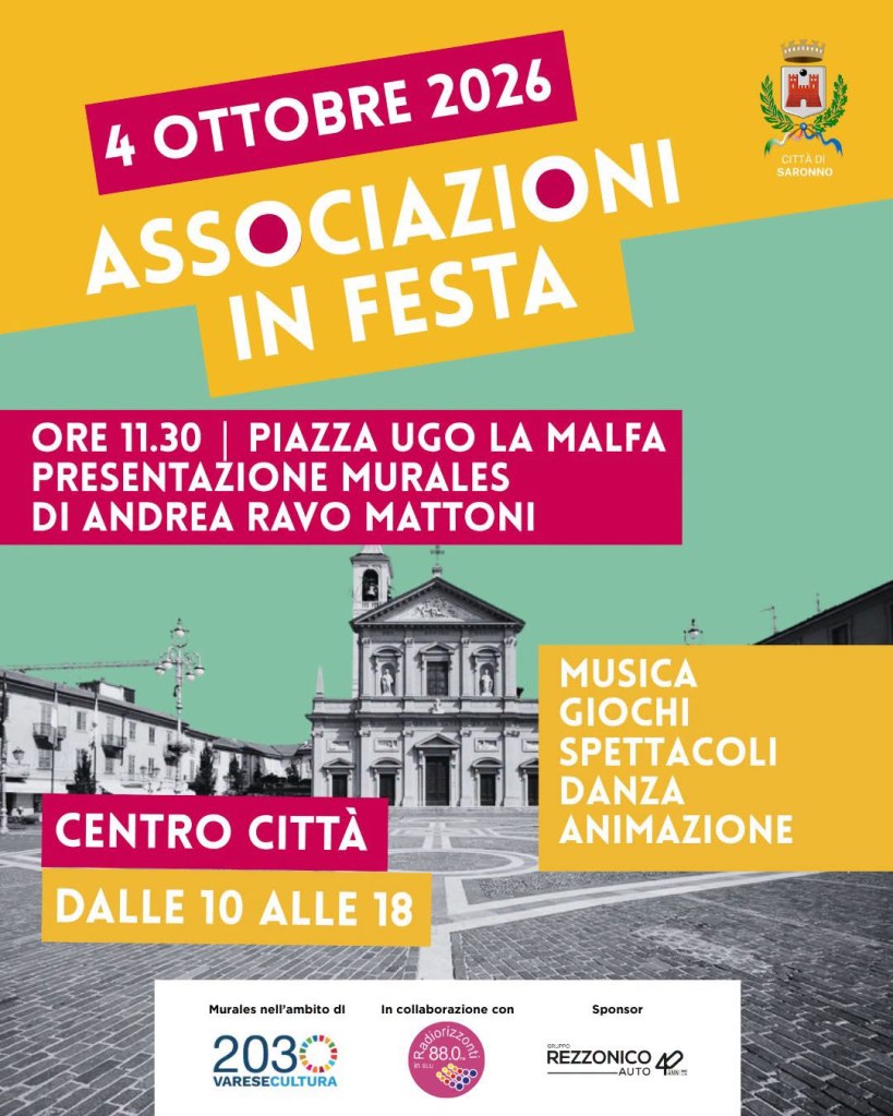 Manifesto dell'evento 'Associations in Festa' che si svolgerà il 4 ottobre 2026 in Piazza Ugo La Malfa, includendo presentazione di murales, musica, giochi, spettacoli, danza e animazione. Orario: dalle 10 alle 18.