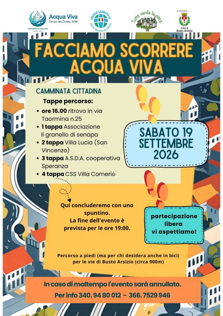 Volantino per l'evento 'Facciamo scorrere Acqua Viva', una camminata cittadina a Busto Arsizio il 19 settembre 2026. Include dettagli sul percorso e i punti di ritrovo.