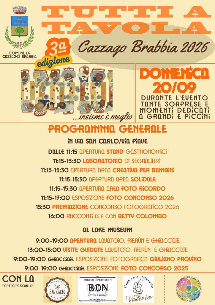 Manifesto dell'evento 'Tutti a Tavola' a Cazzago Brabbia, edizione 2026, con dettagli sul programma della giornata. Include attività gastronomiche, laboratori per bambini, esposizioni fotografiche e racconti di Betty Colombo.