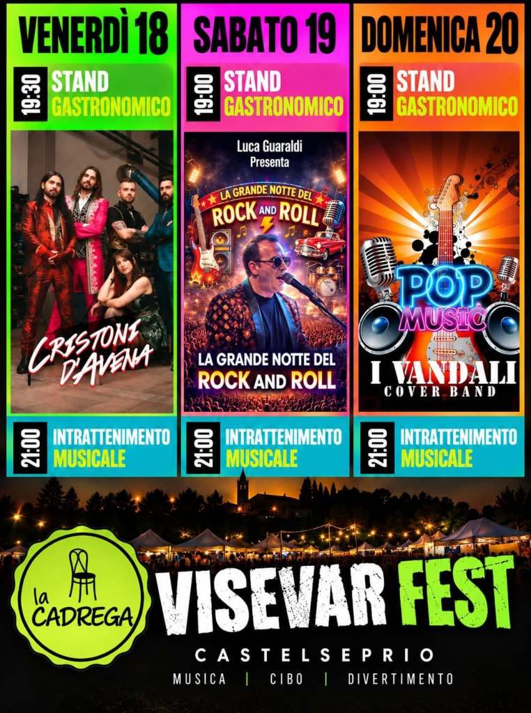 Locandina del Visevar Fest a Castelseprio con date e dettagli su eventi musicali e gastronomici.
