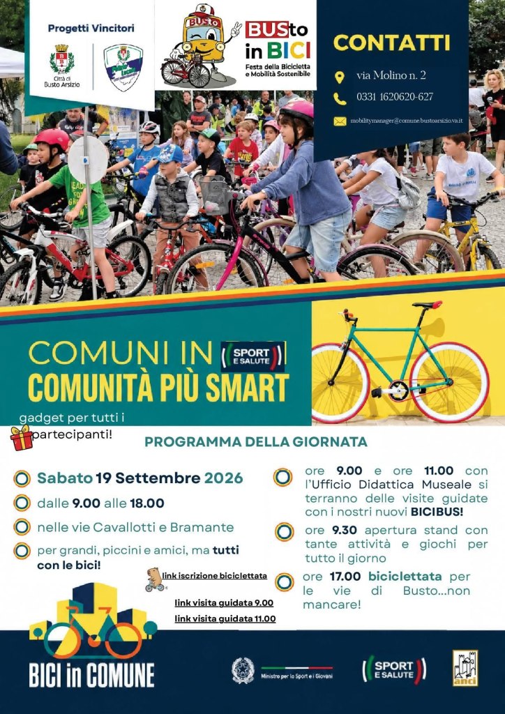 Locandina dell'evento 'BUSTo in BICI' con dettagli su una festa della bicicletta e mobilità sostenibile, con bambini in bicicletta e informazioni sulla giornata.