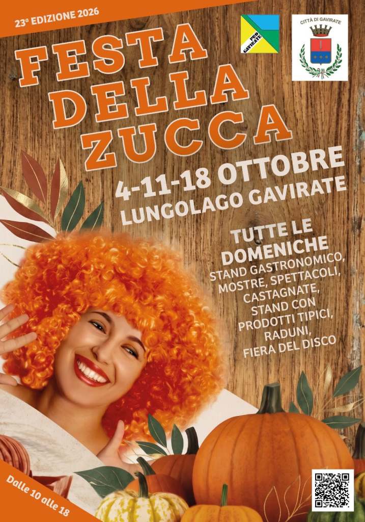 Locandina della Festa della Zucca a Gavirate, con date dal 4 all'18 ottobre 2026, che mostra una donna sorridente con parrucca arancione e diverse zucche sullo sfondo.
