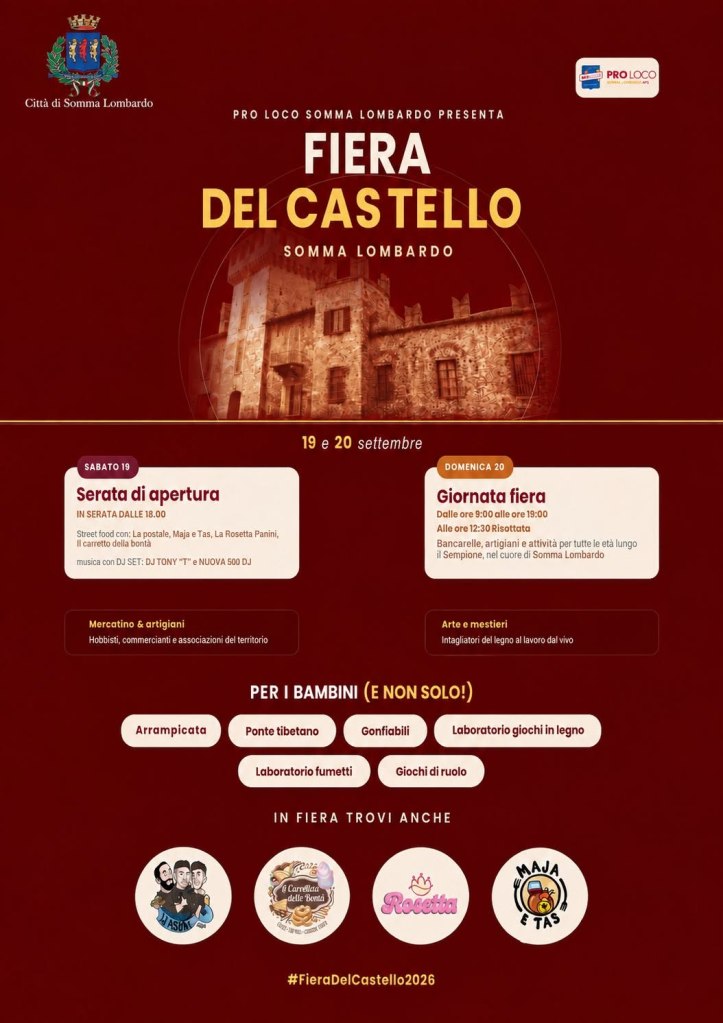 Locandina della Fiera del Castello a Somma Lombardo, evento del 19 e 20 settembre. Include dettagli su attività, mercatini e intrattenimento per bambini.