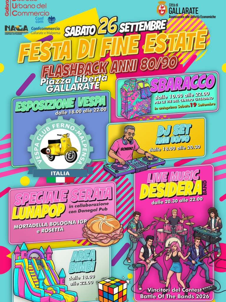 Manifesto dell'evento 'Festa di Fine Estate' a Gallarate, con dettagli su esposizioni, musica dal vivo e attività per bambini. Data: 26 settembre, luogo: Piazza Libertà.