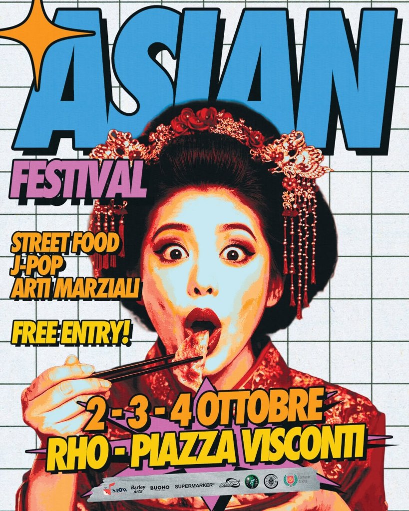 Manifesto del Festival Asiatico con una donna in abito tradizionale che mangia con le bacchette, informazioni sulla data e l'entrata gratuita.