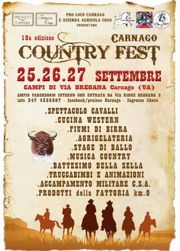Locandina del Country Fest di Carnago, in programma dal 25 al 27 settembre, con eventi come spettacolo di cavalli, cucina western, e musica country.