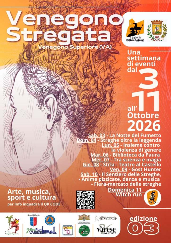 Manifesto dell'evento 'Venegono Stregata' che si svolgerà a Venegono Superiore (VA) dal 3 all'11 ottobre 2026, con varie attività culturali, musicali e sportive.