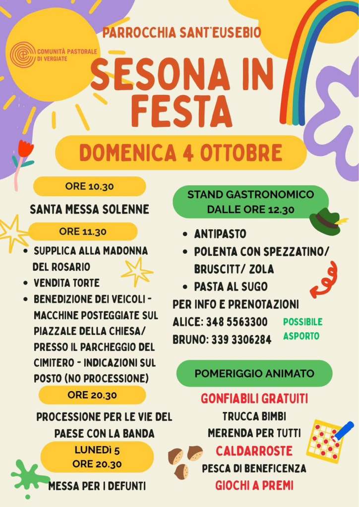 Manifesto per la festa della Parrocchia Sant'Eusebio, con dettagli sull'evento 'Sésuna in Festa' del 4 ottobre, inclusi orari e attività programmate.