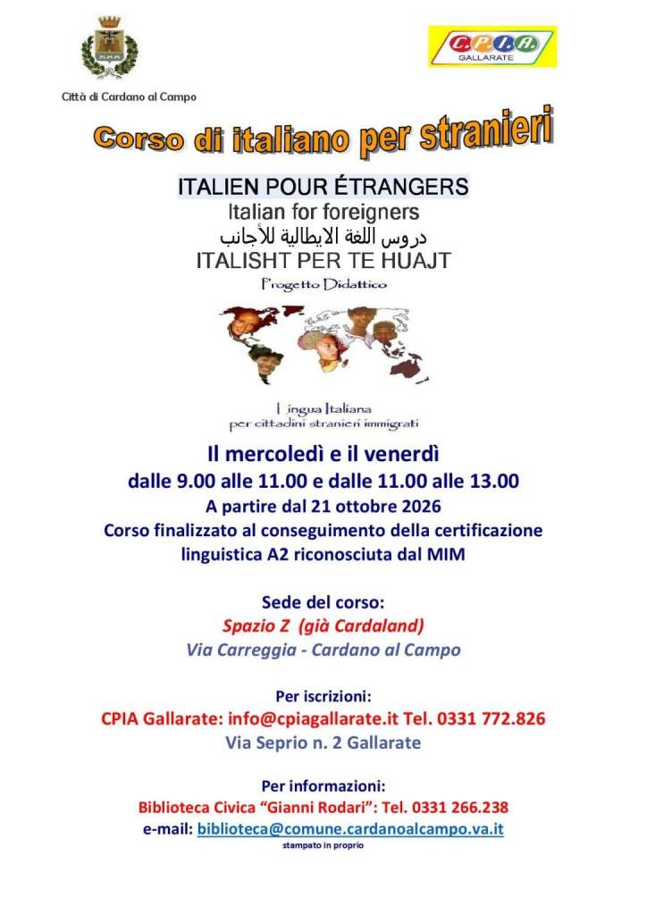 Volantino del corso di italiano per stranieri a Cardano al Campo con informazioni sul corso, orari e dettagli per l'iscrizione.
