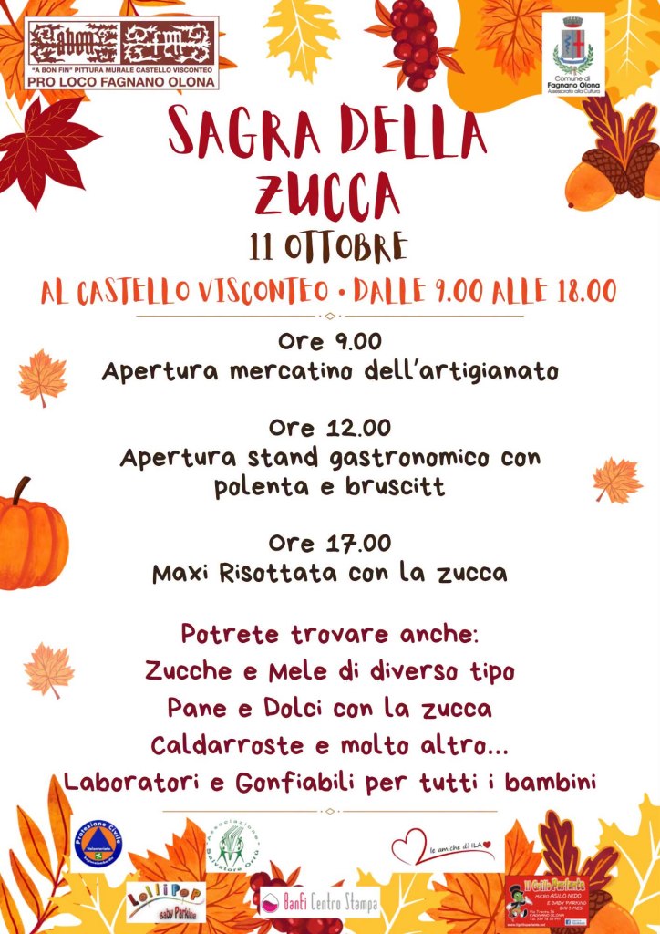 Manifesto per la Sagra della Zucca con dettagli dell'evento, inclusi orari e attività come mercatino dell'artigianato, stand gastronomico e laboratori per bambini.