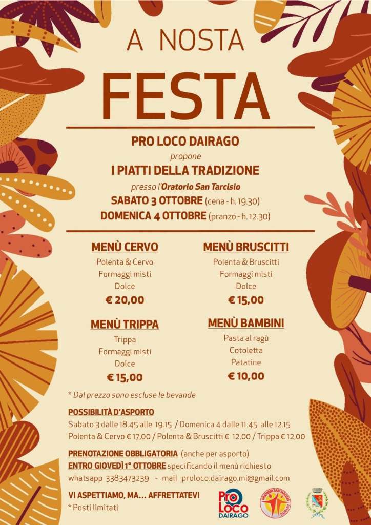 Manifesto dell'evento 'A Nostra Festa' organizzato dalla Pro Loco Dairago, con dettagli sui menù tradizionali, date e informazioni per la prenotazione.