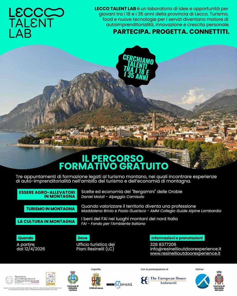 Manifesto promozionale del Lecco Talent Lab, che offre opportunità per giovani tra 18 e 35 anni nella provincia di Lecco. Include informazioni su corsi di formazione legati al turismo montano e all'autoimprenditorialità.