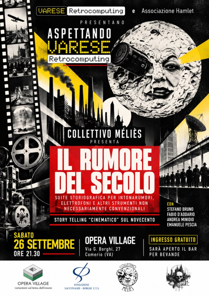 Manifesto dell'evento 'Aspettando Varese Retroc computing', presentato dal Collettivo Méliès, con dettagli su un evento gratuito che si terrà il 26 settembre all'Opera Village a Comerio, VA. Include immagini di elementi storici e cinematografici.