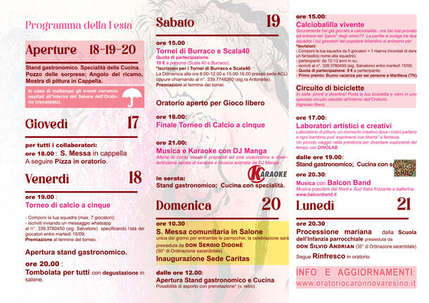 Programma della festa con dettagli sugli eventi dal 18 al 21, includendo attività gastronomiche, tornei sportivi e intrattenimento.
