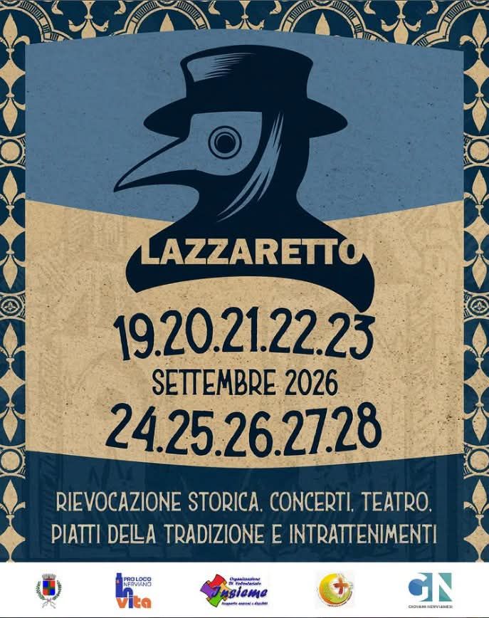Manifesto dell'evento Lazzaretto con date e dettagli sulle attività, tra cui concerti, teatro e piatti della tradizione.