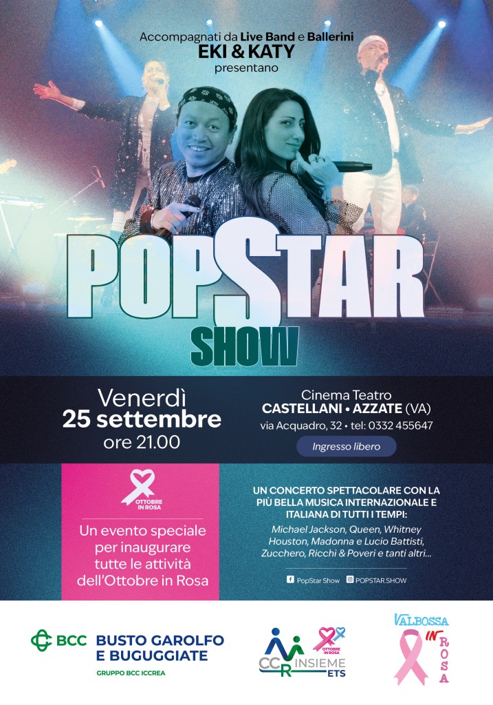 Locandina del concerto 'POPSTAR SHOW' presentato da Eki e Katy, con dettagli sull'evento del 25 settembre al Cinema Teatro Castellani di Azzate, VA.