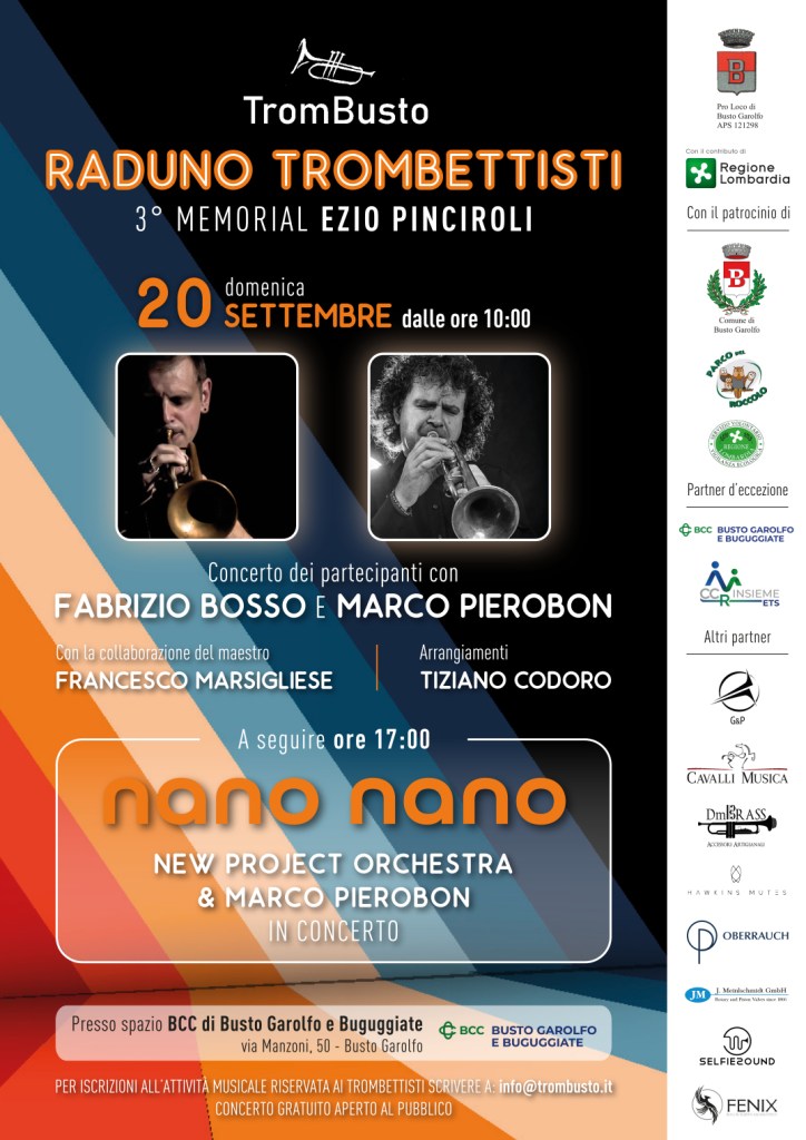 Locandina dell'evento TromBusto, Raduno Trombettisti, 3° Memorial Ezio Pinciroli, con dettaglio di data e orari. Concerto con Fabrizio Bosso e Marco Pierobon, corso di musica e esibizione della New Project Orchestra.