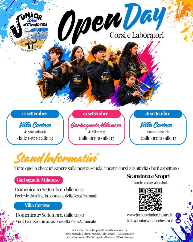 Volantino dell'Open Day della Junior Wind Orchestra con dettagli sui corsi e laboratori, date e luoghi dell'evento.