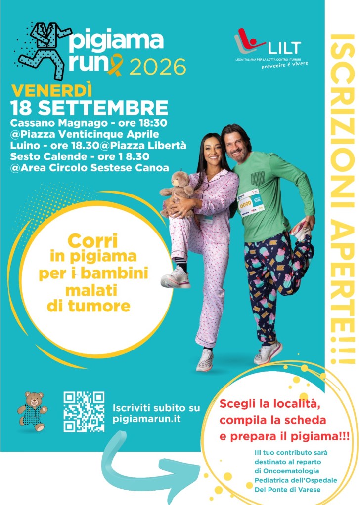 Manifesto dell'evento 'Pigiama Run 2026' che si tiene il 18 settembre. Presenta dettagli sulle località e orari, invitando a partecipare per raccogliere fondi per bambini malati di tumore.