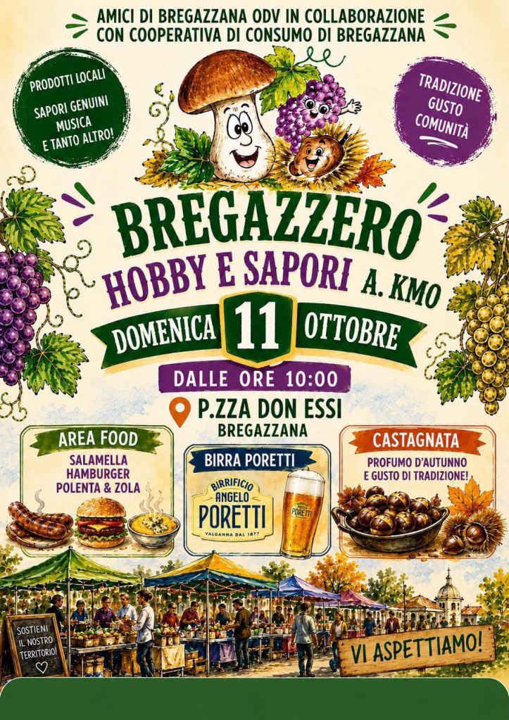 Manifesto dell'evento 'Bregazzero Hobby e Sapori' con data, programma e prodotti locali in evidenza, come salame e birra Poretti.