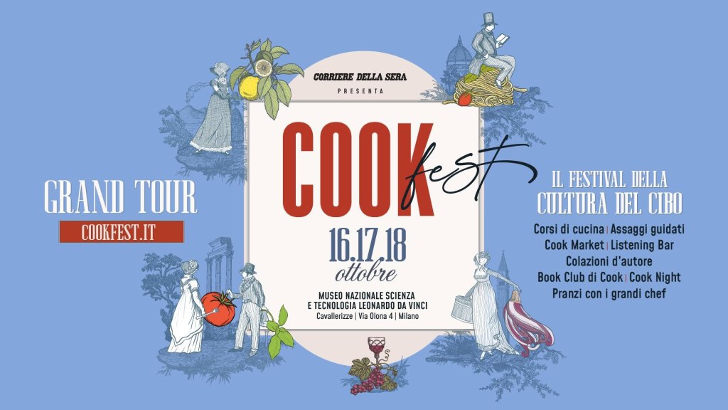 Locandina del Cook Fest 2023, un festival dedicato alla cultura del cibo, che si svolgerà dal 16 al 18 ottobre al Museo Nazionale Scienza e Tecnologia Leonardo da Vinci di Milano. Presenta corsi di cucina, assaggi guidati, mercatini e eventi con chef.