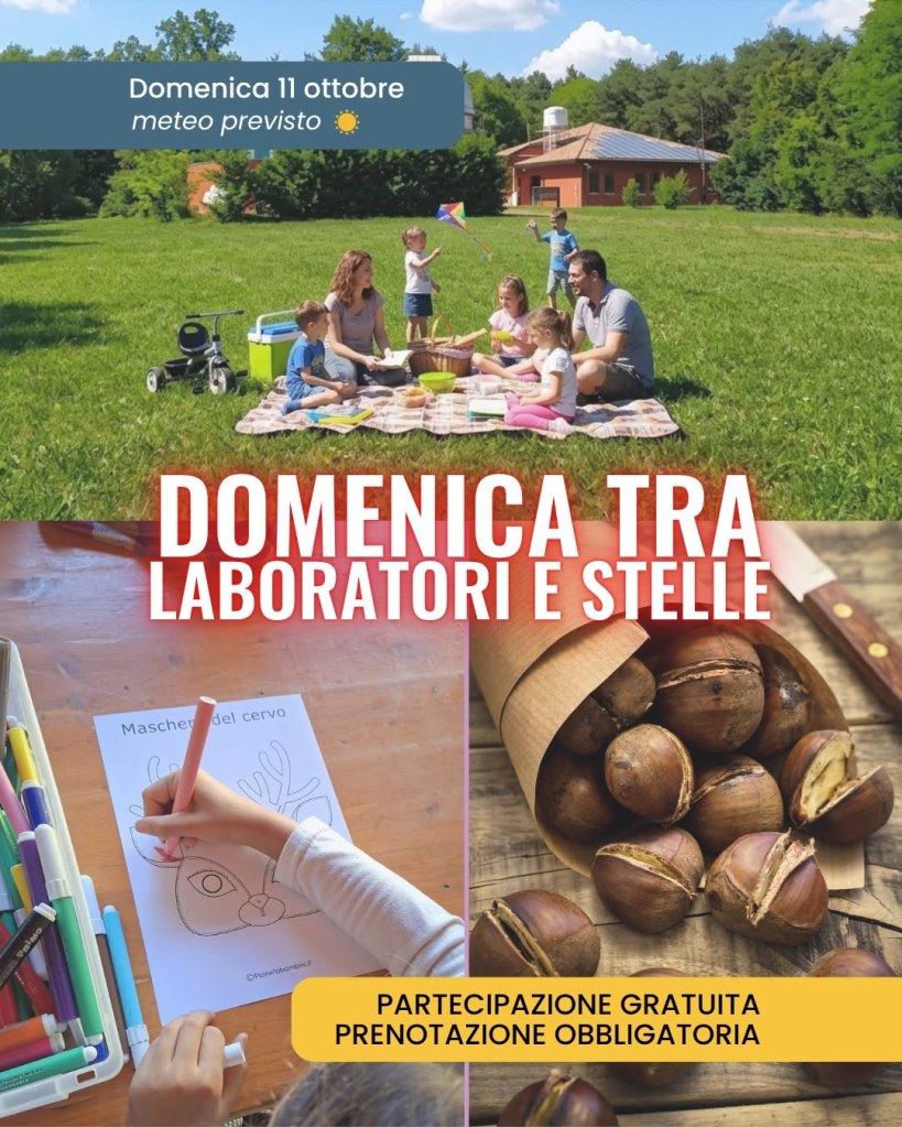 Un gruppo di persone, tra adulti e bambini, si riunisce per un picnic su un prato verde, con giochi e attività all'aperto. In un angolo, un bambino disegna su un foglio mentre una cesta con castagne è visibile sul tavolo.