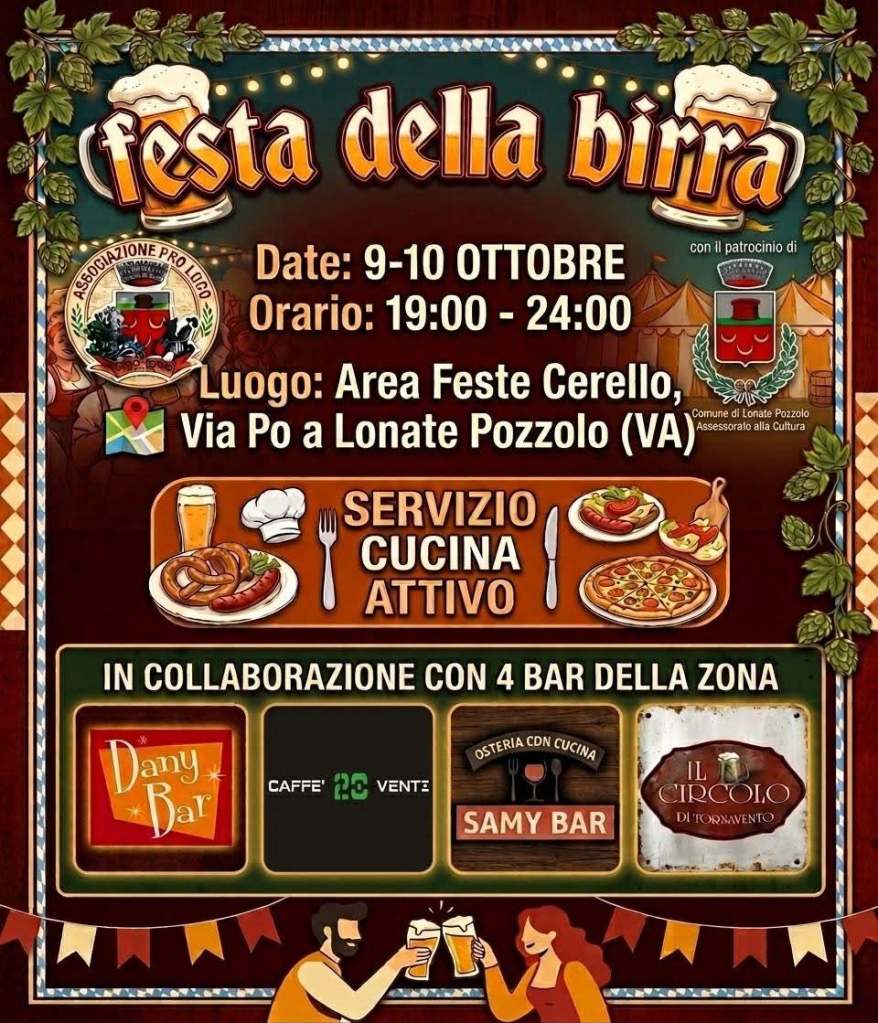 Manifesto della Festa della Birra a Lonate Pozzolo, con dettagli su date, orari, luogo, e i bar in collaborazione.