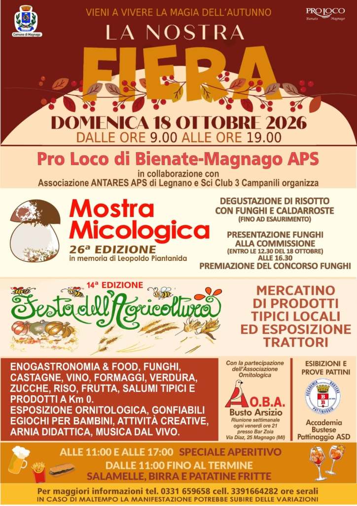 Manifesto della Fiera di Bienate-Magnago del 18 ottobre 2026, con dettagli sulla mostra micologica e attività agricole.