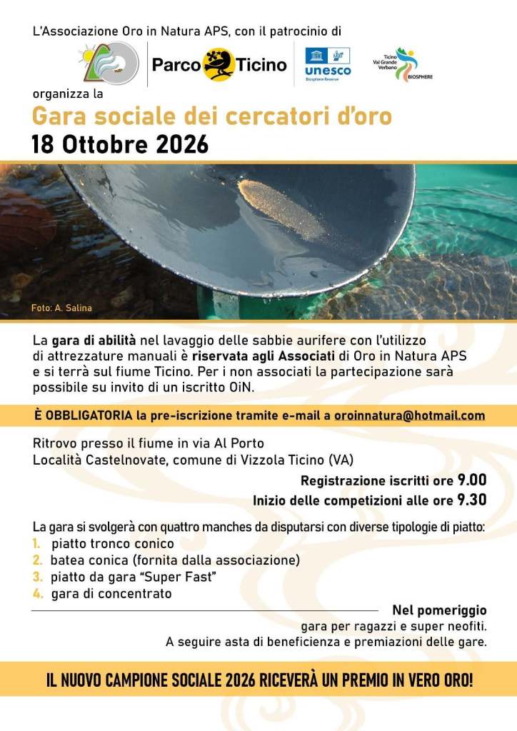 Locandina della Gara sociale dei cercatori d'oro, organizzata dall'Associazione Oro in Natura APS. Eventi e dettagli per la competizione del 18 ottobre 2026 presso il fiume Ticino.
