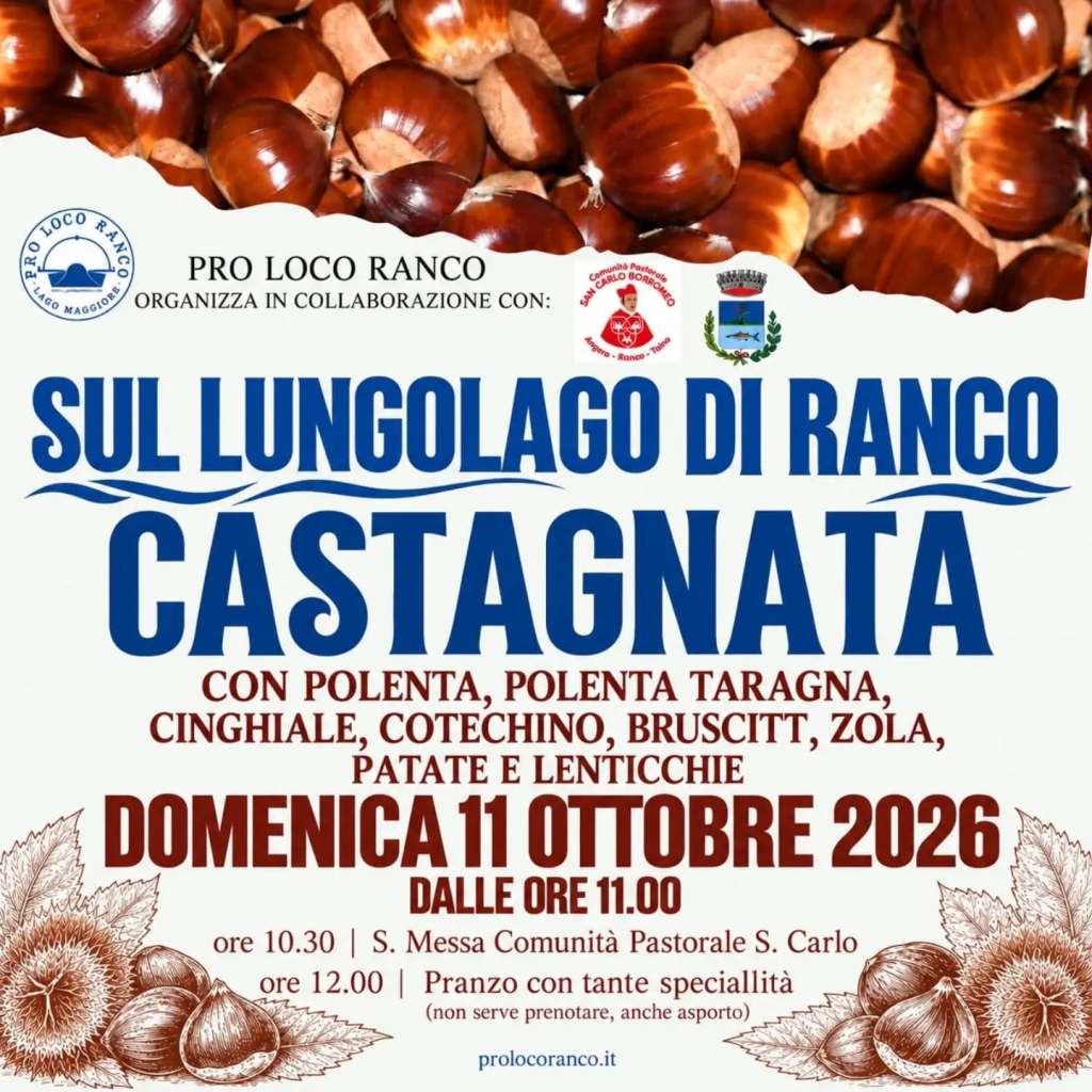 Manifesto dell'evento Castagnata a Ranco, con data e dettagli su cibo tipico come polenta, cotechino e un pranzo speciale, decorato con immagini di castagne.