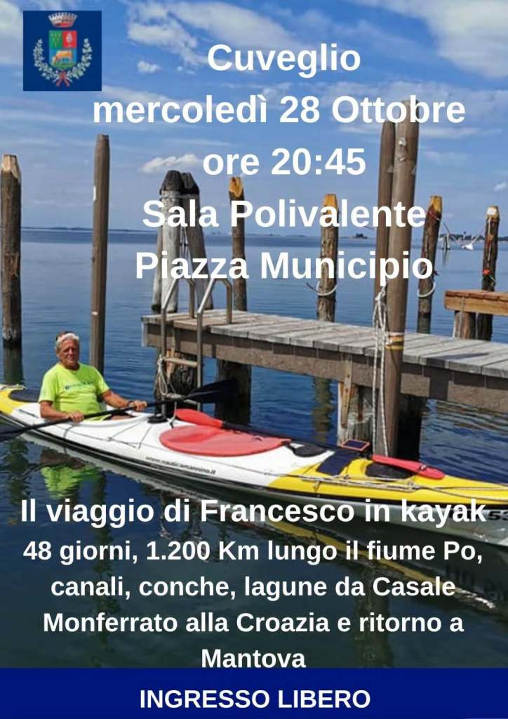 Pubblicità per un evento a Cuveglio il 28 ottobre, con un relatore che presenta un viaggio in kayak lungo il fiume Po.