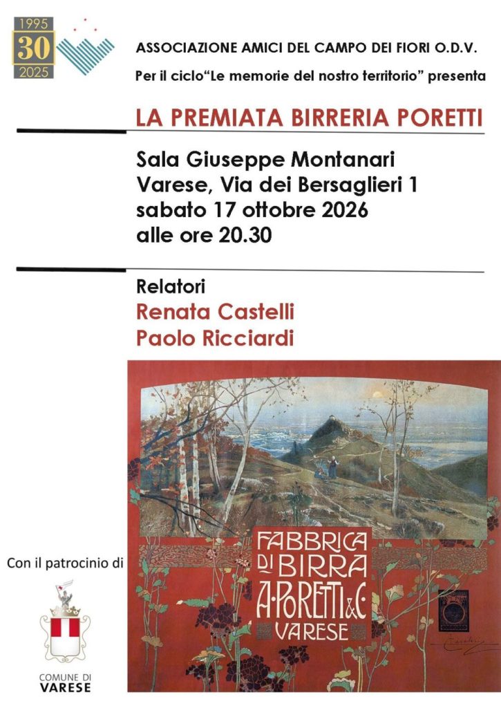 Manifesto dell'evento "La Premiata Birreria Poretti" che si terrà alla Sala Giuseppe Montanari di Varese il 17 ottobre 2026. Relatori Renata Castelli e Paolo Ricciardi.