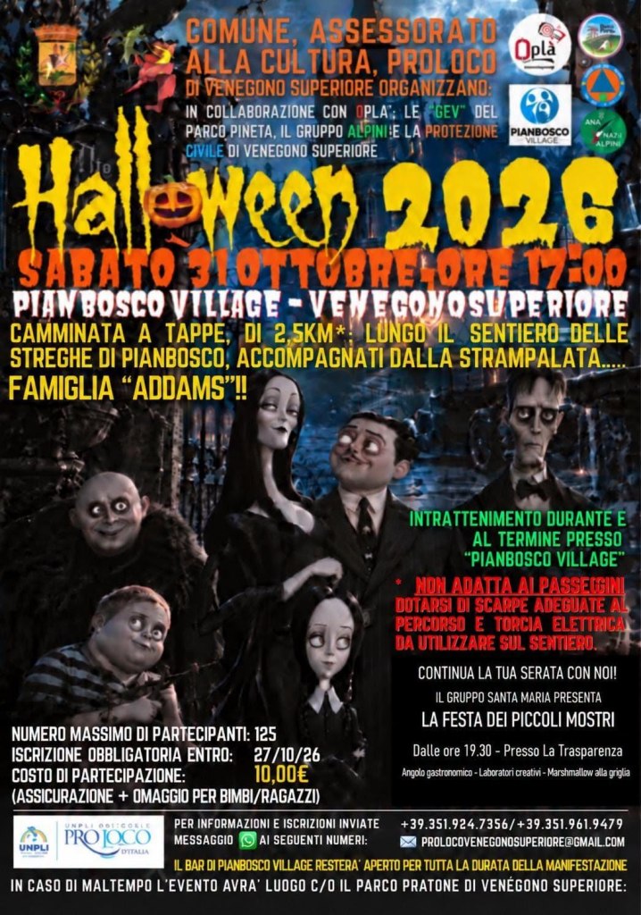 Volantino per l'evento Halloween 2026 a Pianbosco Village, con dettagli sulla camminata di 2,5 km e la partecipazione della famiglia Addams. Data: 31 ottobre, ore 17:00.