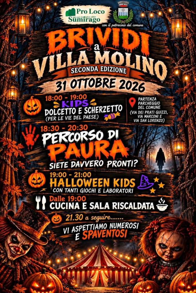 Manifesto per l'evento Halloween 'Brividi a Villa Molino' del 31 ottobre 2026, con dettagli sulle attività per bambini, percorso della paura, cucina e intrattenimento.