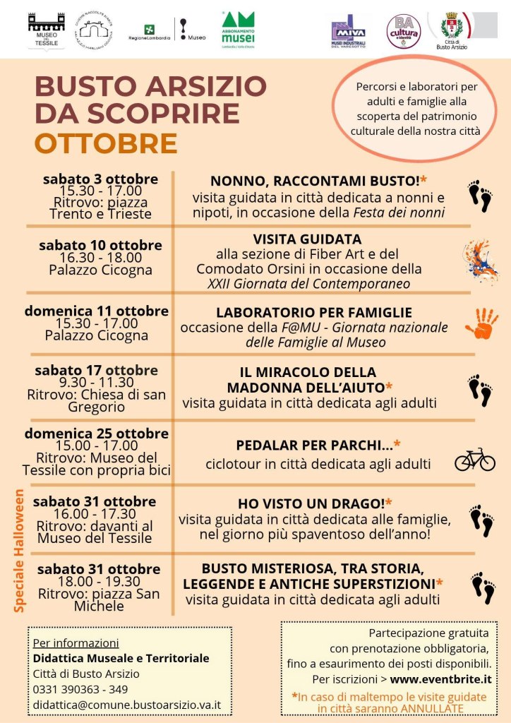 Locandina di eventi culturali a Busto Arsizio per ottobre con date, orari e descrizioni delle attività.