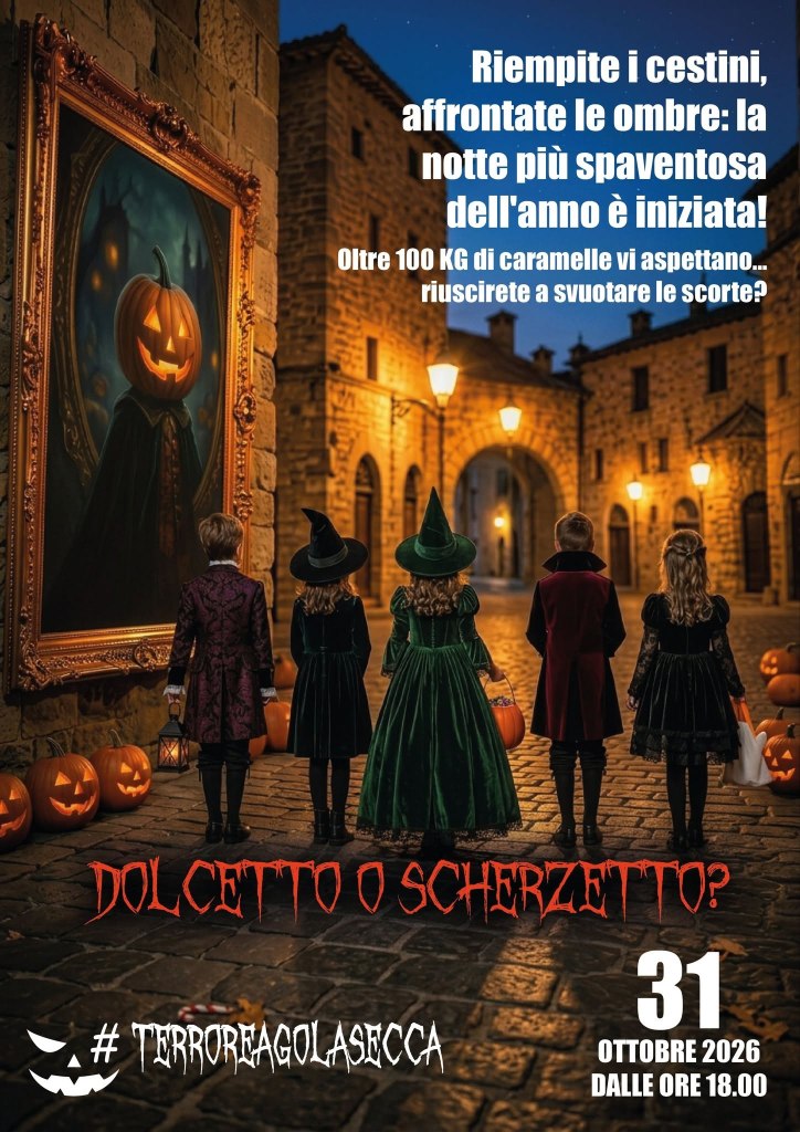 Immagine di quattro bambini vestiti da streghe che guardano una strada medievale decorata con zucche illuminate. Un cartello promuove un evento di Halloween con informazioni sulla data e l'orario.