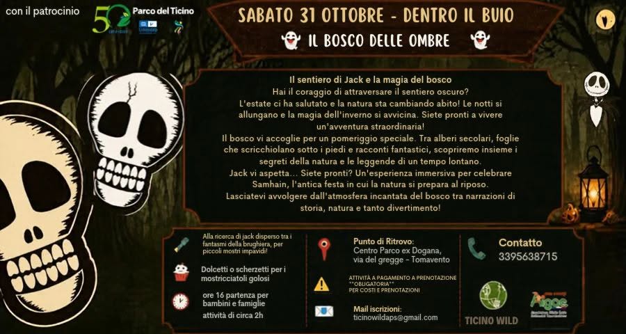 Manifesto dell'evento di Halloween, 'Dentro il Buio - Il Bosco delle Ombre', con immagini di teschi e dettagli sulla camminata nel bosco. Presenta informazioni su un pomeriggio speciale il 31 ottobre, includendo attività per bambini e famiglie.