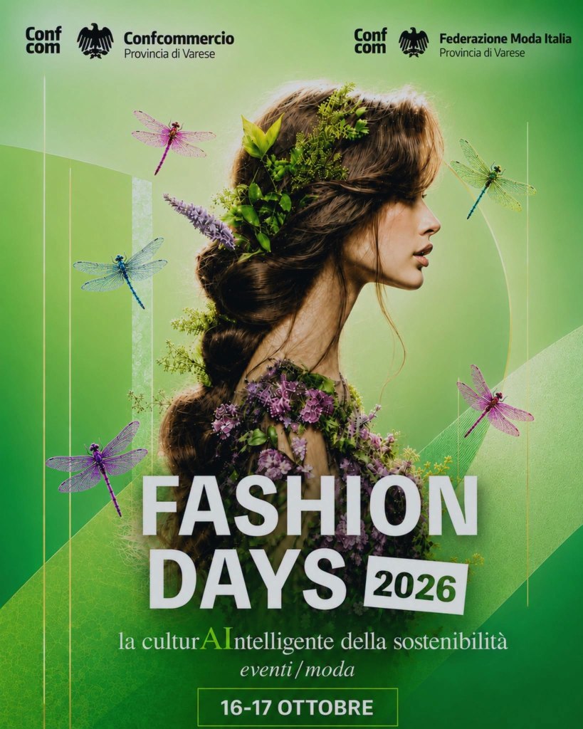 Manifesto di Fashion Days 2026, con un profilo di donna decorato con piante e insetti colorati su sfondo verde, evidenziando eventi di moda e sostenibilità.